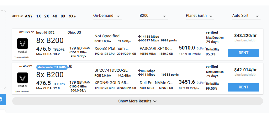 Screenshot of 8x B200 listings on vast.ai